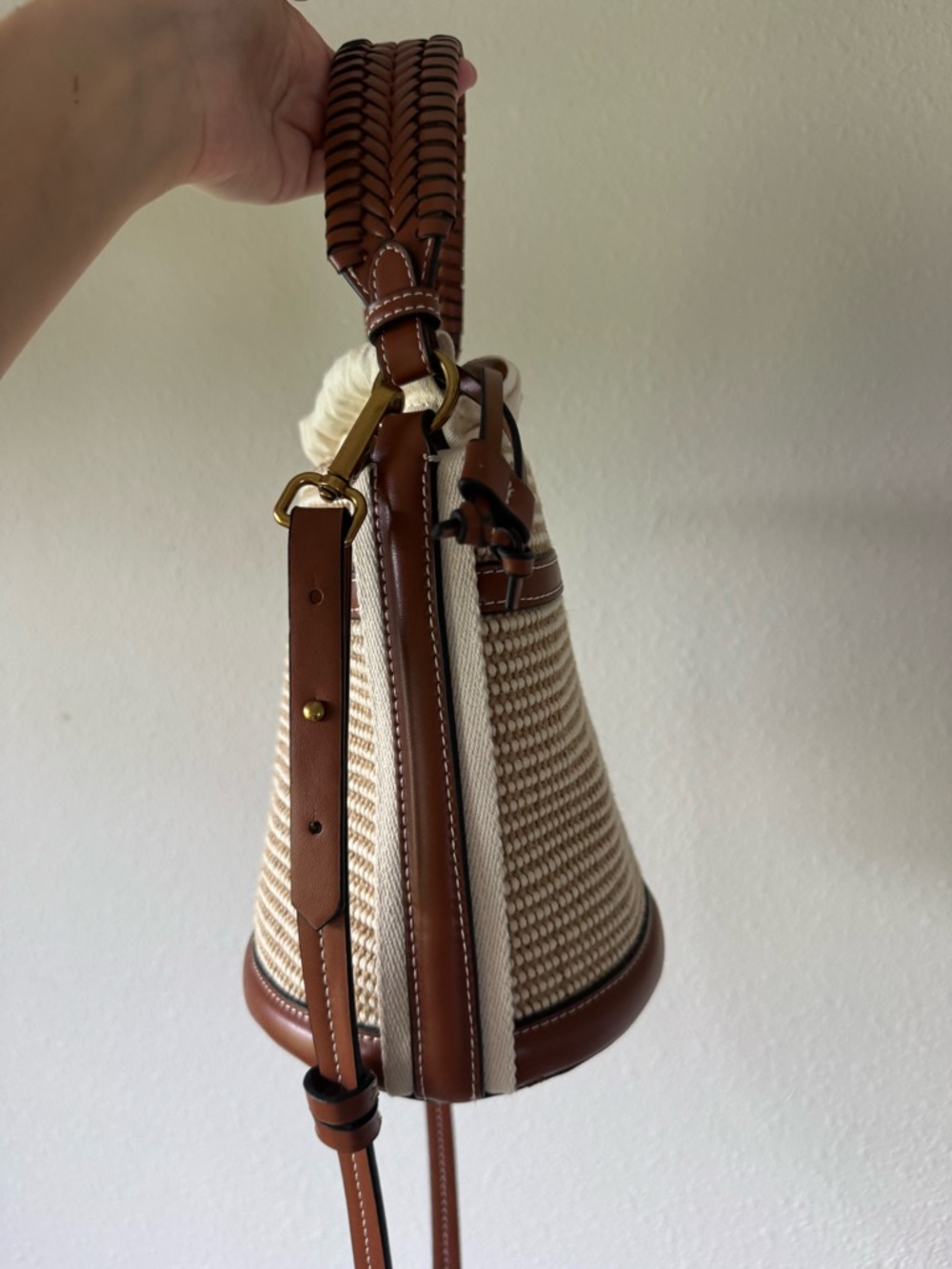 Zara Cream Woven Bucket Bag with Brown Leather Trim - Picture 10 of 12